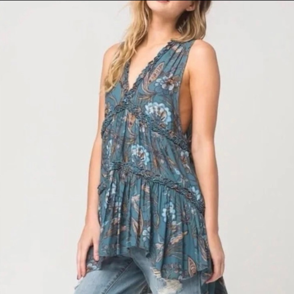 Free People Haze Hummingbird Tunic Dress Teal Ruffled